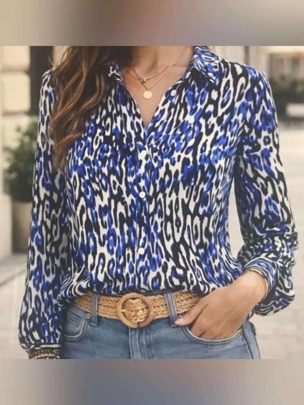 Talbots Nantucket Career Blouse 2X Blue Animal Print Button Front Long Sleeve